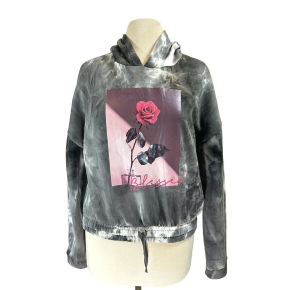 Cutl Favorite Tops - Cult Favorite Hoodie Womens Medium Grey Tie Dye Pullover Rose Graphic Print